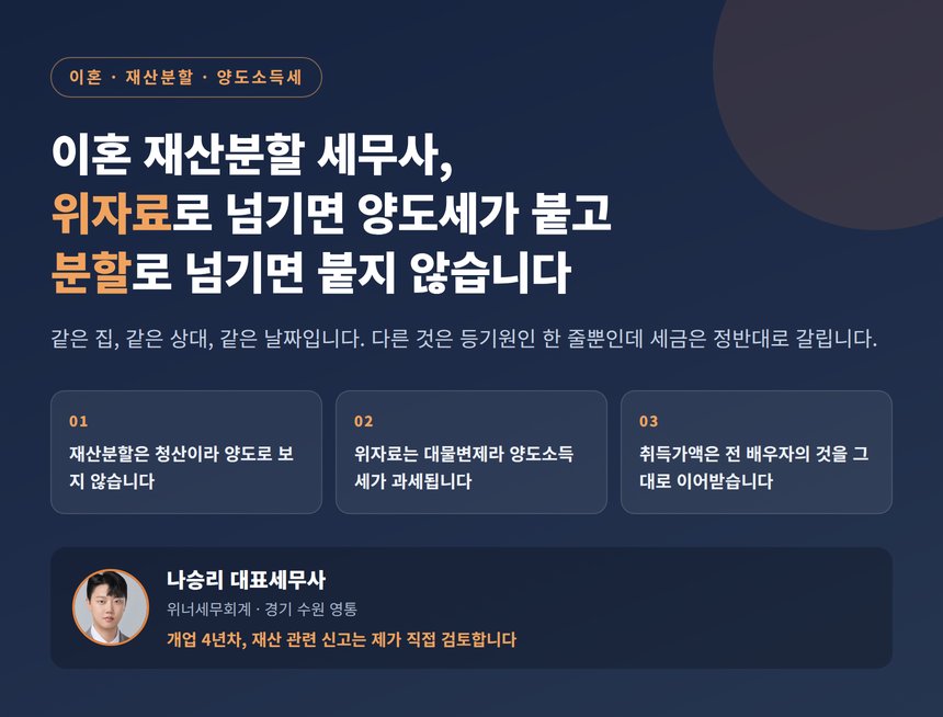 이혼 재산분할과 위자료의 양도소득세 차이를 정리한 대표 이미지