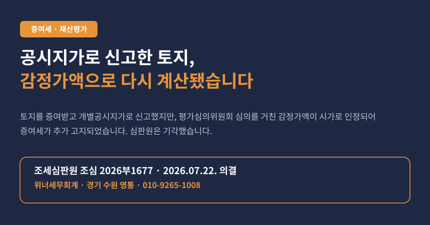 공시지가로 증여세 신고했는데 감정가액으로 다시 계산됐습니다, 평가심의위원회 심의를 거친 감정가액은 시가입니다 (조심 2026부1677)