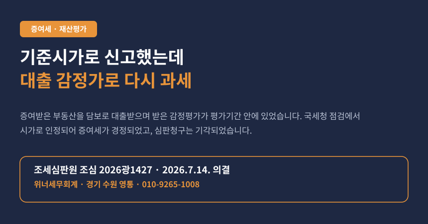 부담부증여 후 대출받으려 감정평가 받았더니, 기준시가로 낸 증여세가 다시 나왔습니다 (조심 2026광1427)