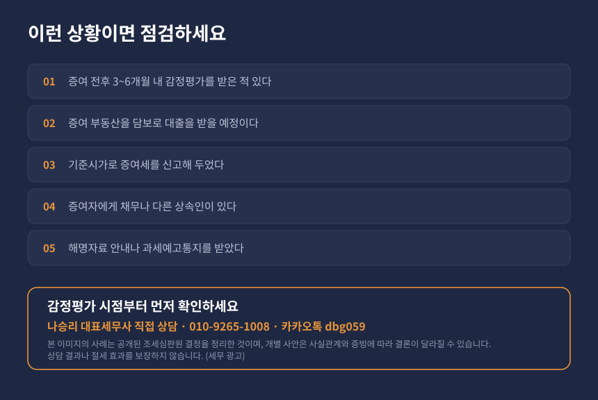 증여세 자가진단 체크리스트, 증여 부동산 담보대출 감정평가와 유류분 위험 점검 상담 안내 카드