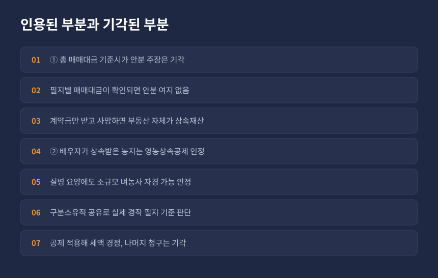 상속세 영농상속공제 결정 요지, 인용된 부분과 기각된 부분 항목별 정리