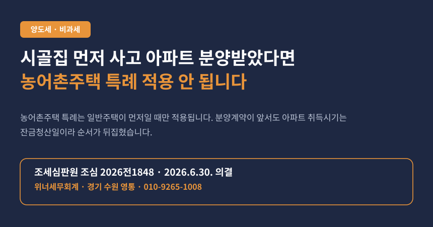 양도세 농어촌주택 특례, 취득 순서가 어긋나 1세대 1주택 비과세가 배제된 조세심판 사례