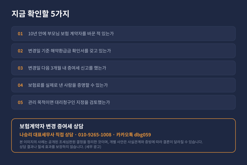 증여세 보험계약자 변경 자가진단 체크리스트와 수원 영통 세무사 상담 안내 카드