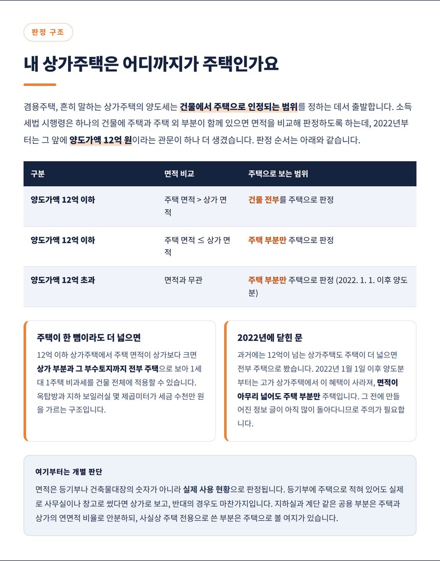 상가주택에서 주택으로 인정되는 범위 판정표 12억 이하 면적 비교