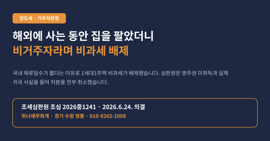 해외에 사는 동안 국내 집을 팔았더니 비거주자라며 1세대1주택 비과세를 빼앗겼습니다 (조심 2026중1241)