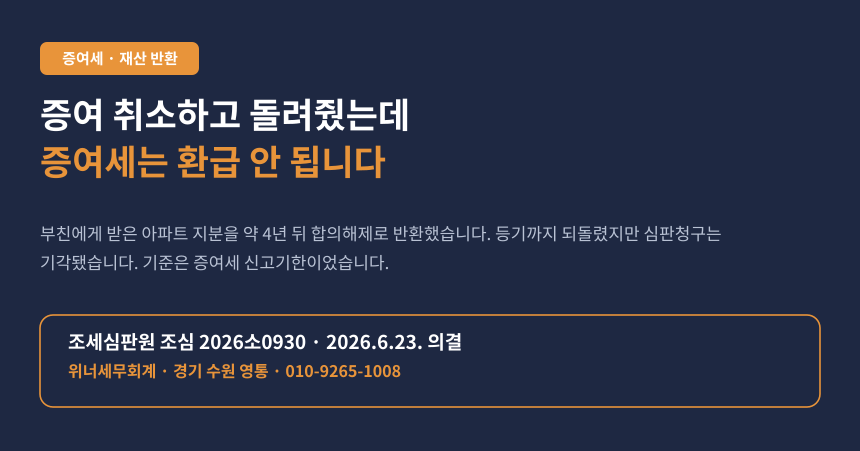 증여받은 아파트를 4년 뒤에 돌려줬는데, 낸 증여세는 환급이 안 됩니다 (조심 2026소0930)