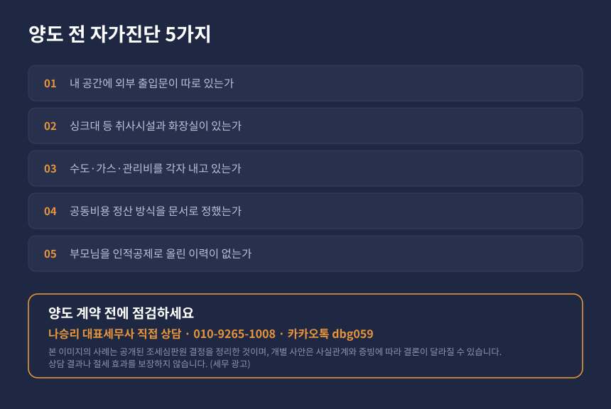 양도세 세대분리 자가진단 체크리스트와 수원 영통 세무사 상담 안내 카드
