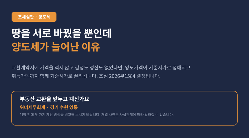 땅을 서로 바꿨을 뿐인데 양도세가 늘었습니다, 교환계약서에 가액을 안 적으면 생기는 일 (조심 2026부1584)