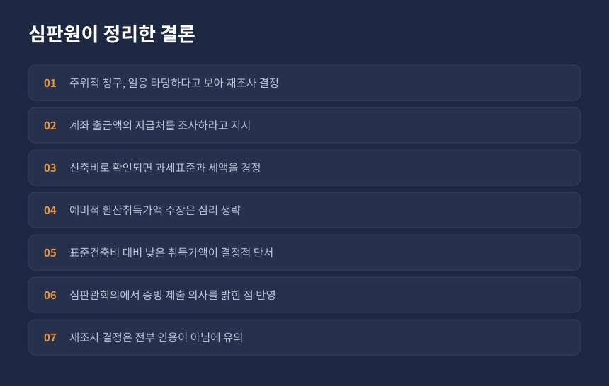 양도세 재조사 결정 내용, 신축공사비 추가 인정 여부와 환산취득가액 심리 생략 정리