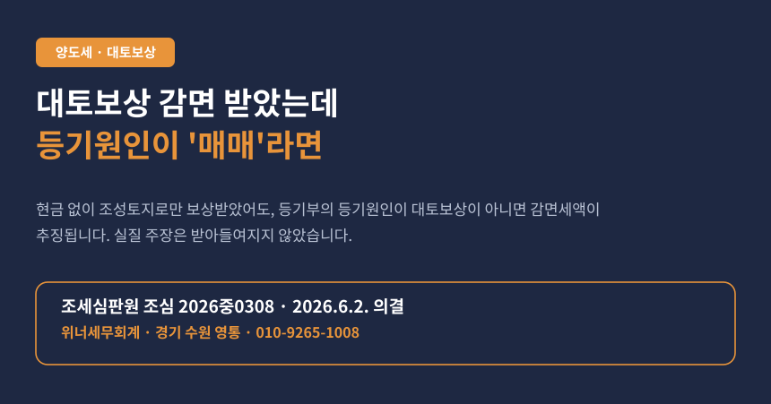 대토보상 받고 감면까지 받았는데, 등기원인이 '매매'라서 세금이 추징됐습니다 (조심 2026중0308)