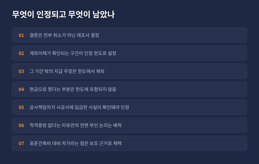 양도세 신축 공사비 사건에서 인정된 부분과 남은 쟁점을 정리한 카드