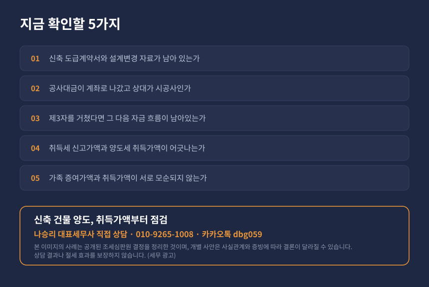 신축 건물 양도세 취득가액 자가진단 체크리스트와 세무상담 안내 카드