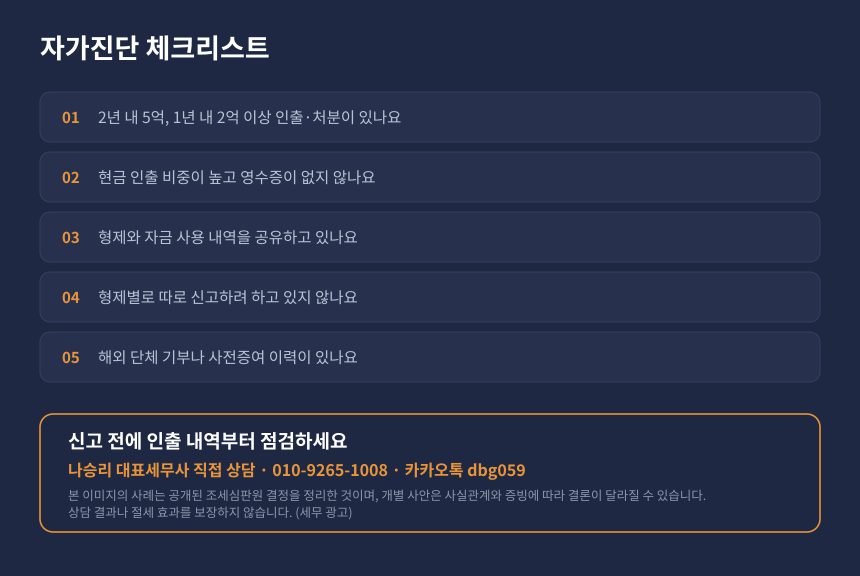 상속세 추정상속재산 자가진단 체크리스트와 수원 영통 세무사 상담 안내 카드