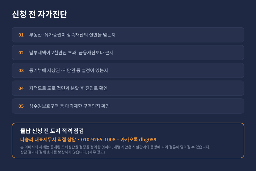 상속세 물납 신청 전 토지 적격 자가진단 체크리스트와 상담 안내 카드