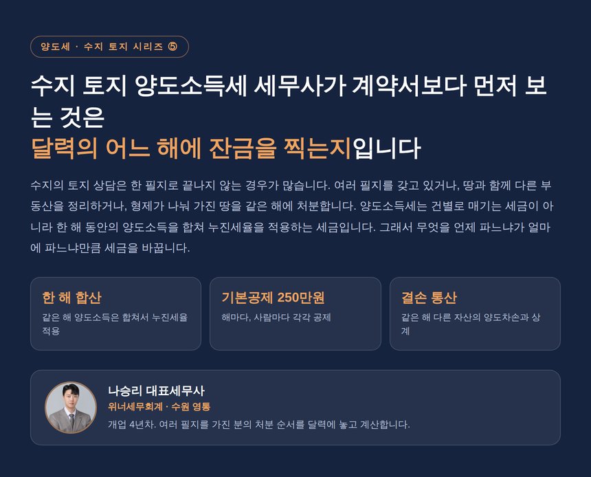 수지 토지 양도소득세 세무사, 한 해에 몰아 팔면 세율이 먼저 올라갑니다