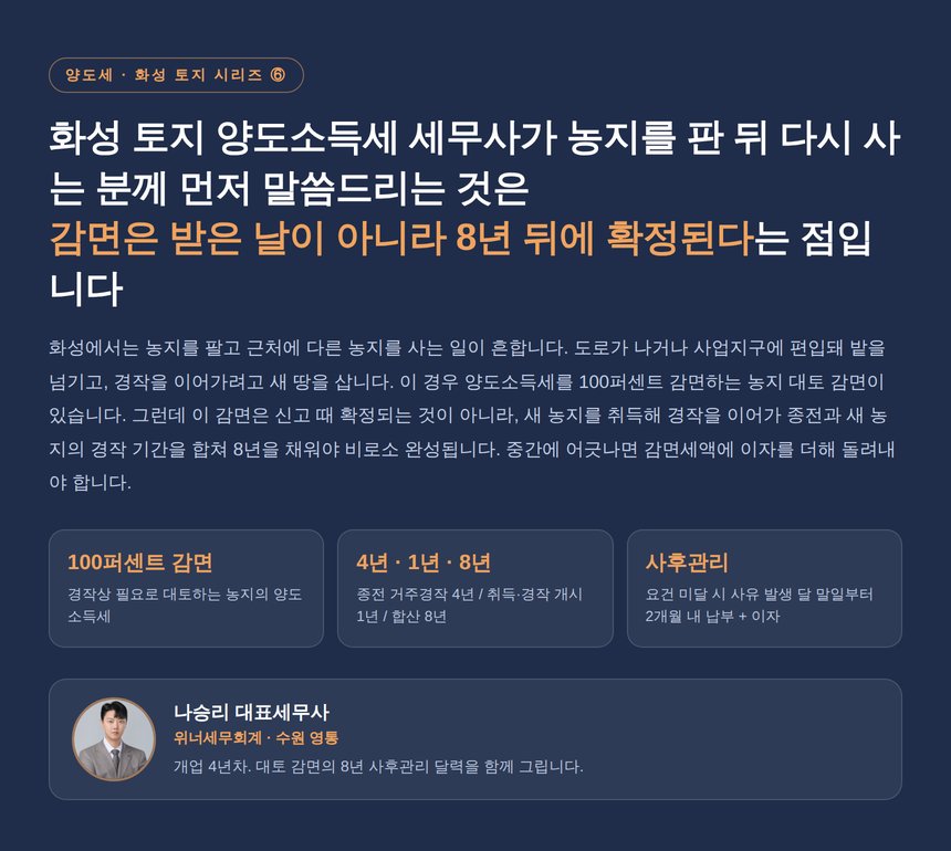화성 토지 양도소득세 세무사, 농지 대토 감면이 8년 뒤에 확정되는 구조