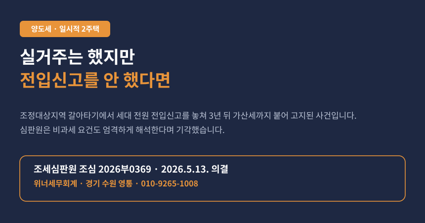 양도세 일시적 2주택 전입요건, 실거주했어도 전입신고 없으면 비과세 배제된 심판례 카드