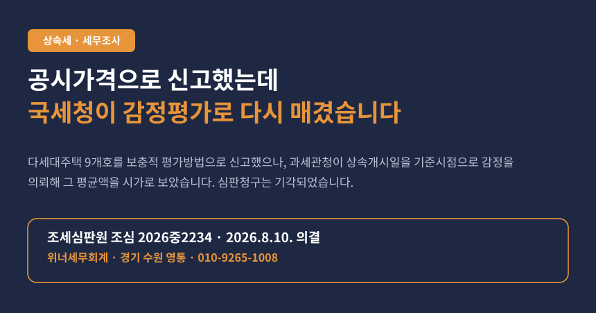 상속세 감정평가 시가, 공시가격 신고 후 국세청 감정평가로 상속세가 다시 고지된 사건 카드