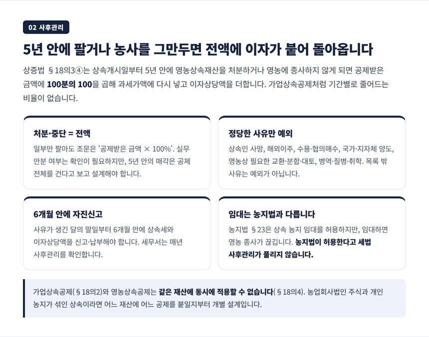 영농상속공제 사후관리 5년, 처분·영농 중단 시 전액 추징과 정당한 사유