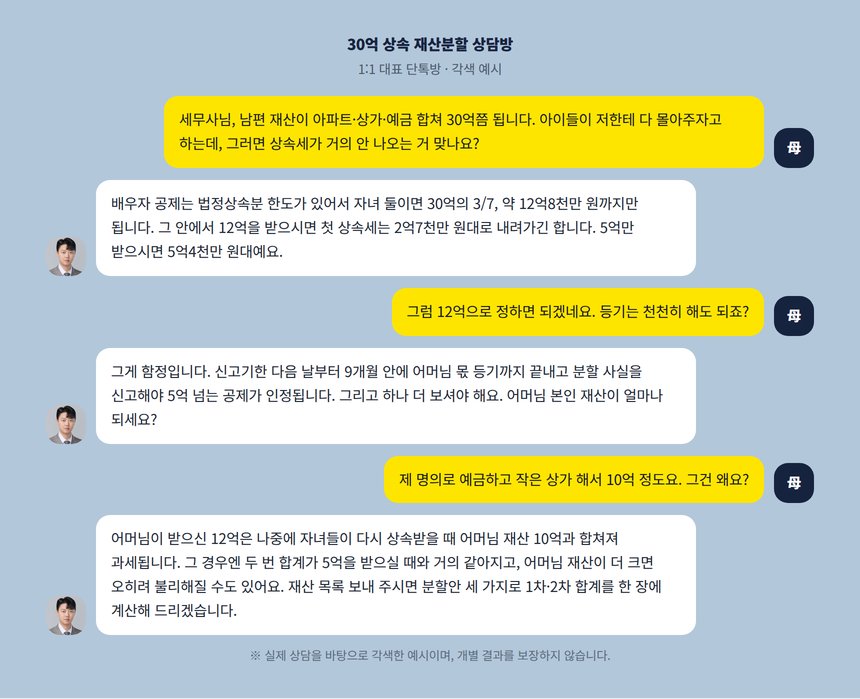 30억 상속을 앞둔 어머니와 세무사의 1:1 단톡방 각색 예시