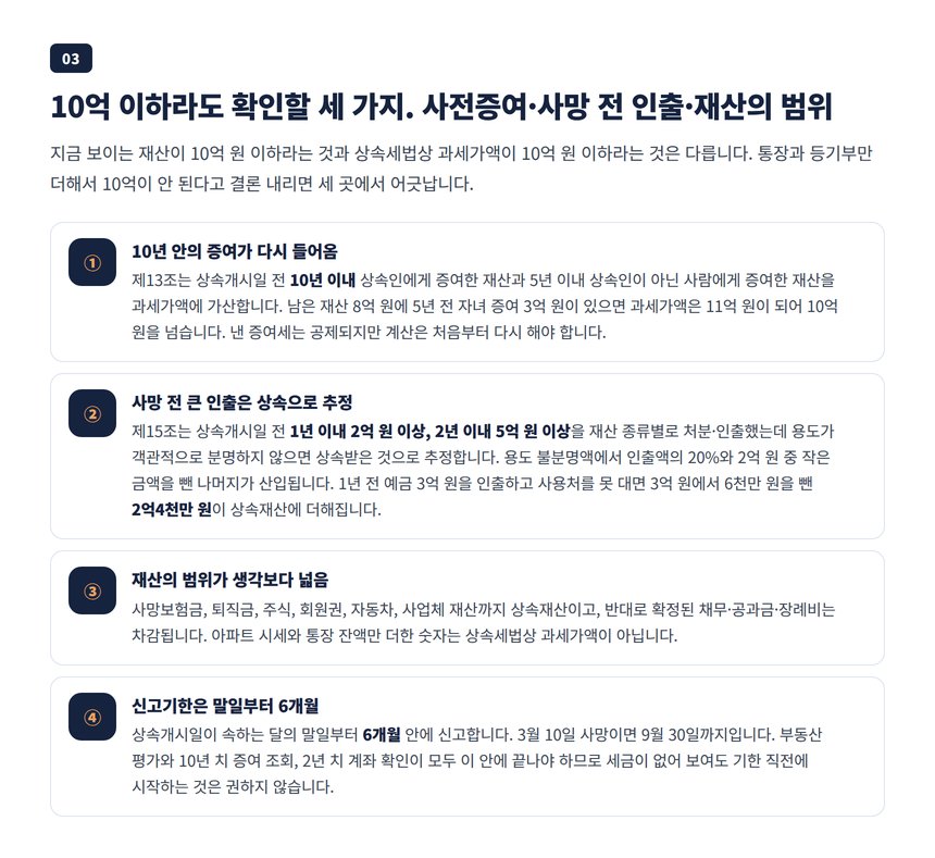 10억 이하 상속세 세무사 — 사전증여 10년, 사망 전 인출 추정상속재산, 재산 범위 세 가지 확인