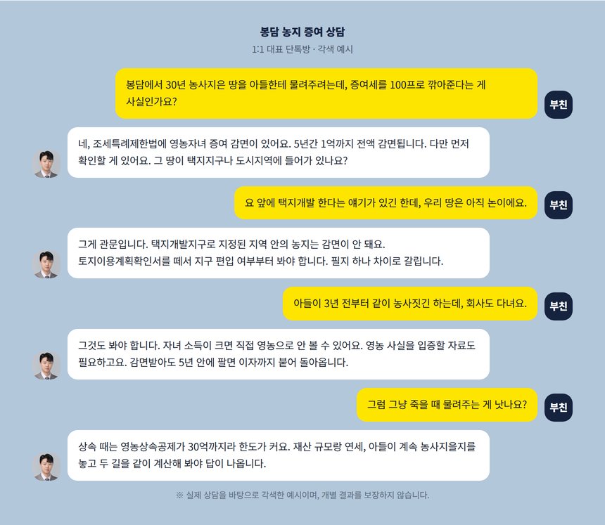 농지 증여 상담 카카오톡 대화 각색 예시