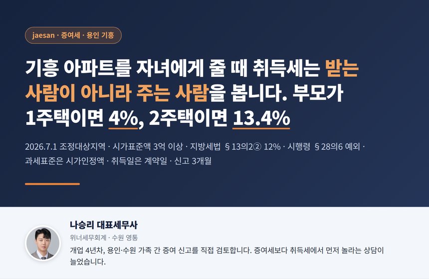 기흥 증여세 세무사, 같은 아파트를 자녀에게 줘도 주는 부모가 1주택이면 취득세는 4%이고 2주택이면 13.4%이며 판정은 공시가 3억으로 하고 세금은 시세에 붙습니다