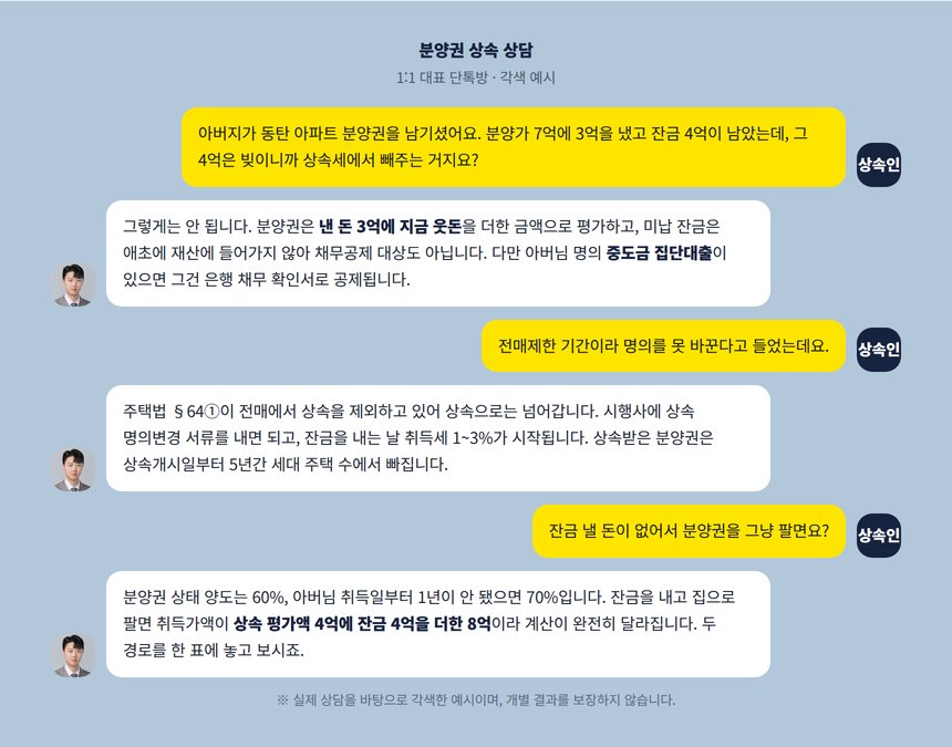 분양권 상속세 세무사 1:1 대표 단톡방 각색 예시, 미납 잔금 채무공제 문의