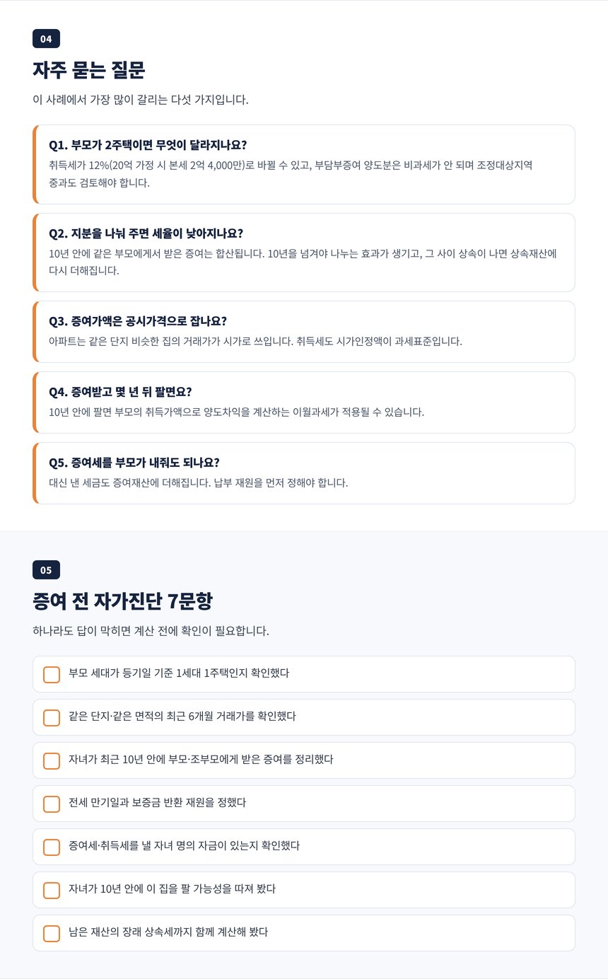 동탄 아파트 증여 세무사 자주 묻는 질문 다섯 가지와 증여 전 자가진단 7문항
